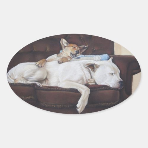 cute picture of puppy cuddling                     oval sticker