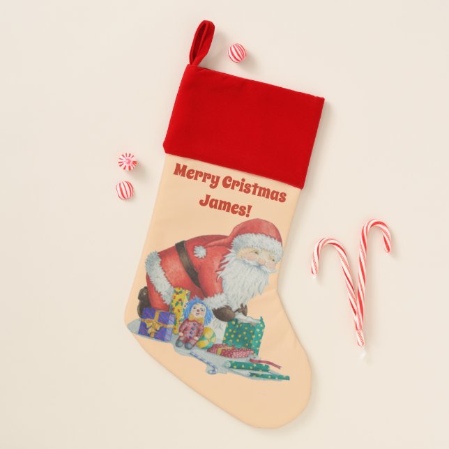 cute picture of santa getting ready for christmas stocking (Front)