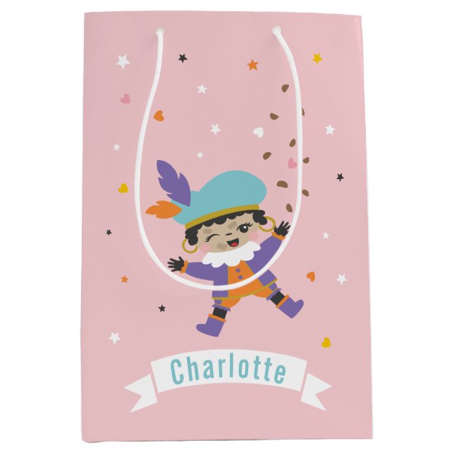 Cute Pietje with name and pepernoten Medium Gift Bag (Front)