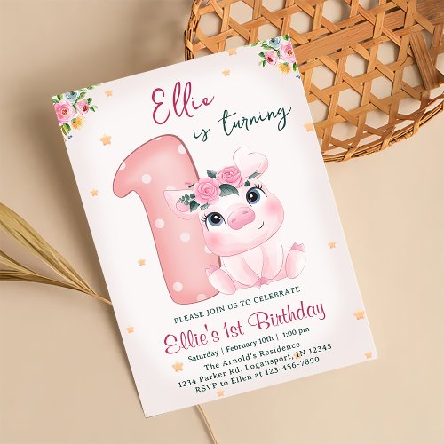 Cute Pig 1st Birthday Party Personalized Invitation
