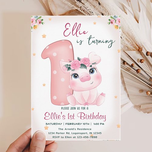 Cute Pig 1st Birthday Party Personalized Invitation