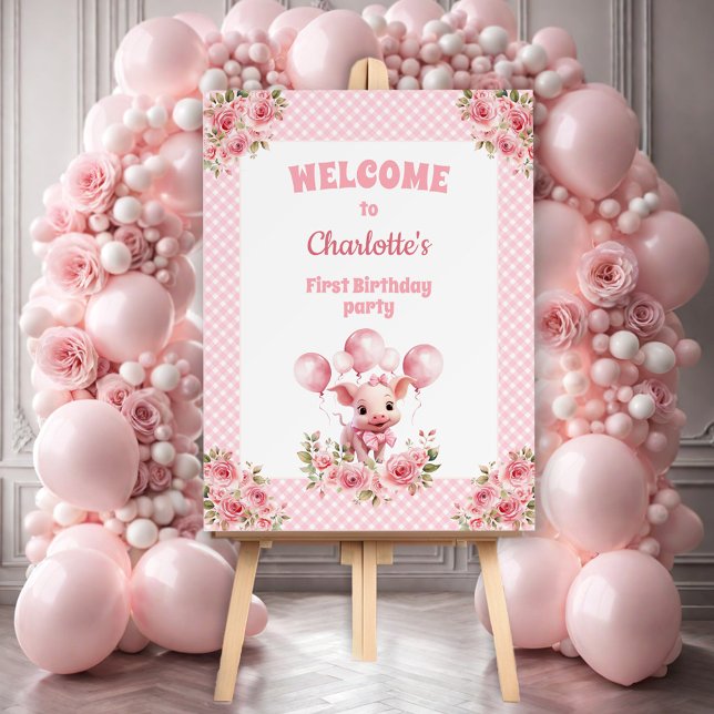 Cute Pig 1st Birthday Party Pink Welcome Sign (Cute Pig 1st Birthday Party Pink Welcome Sign)