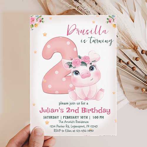 Cute Pig 2nd Birthday Party Personalized Invitation
