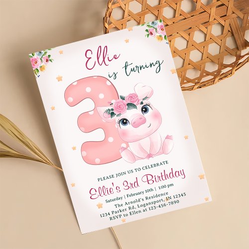 Cute Pig 3rd Birthday Party Personalized Invitation