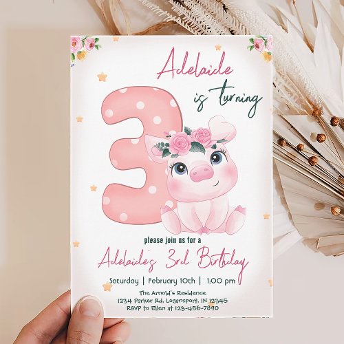 Cute Pig 3rd Birthday Party Personalized  Invitation