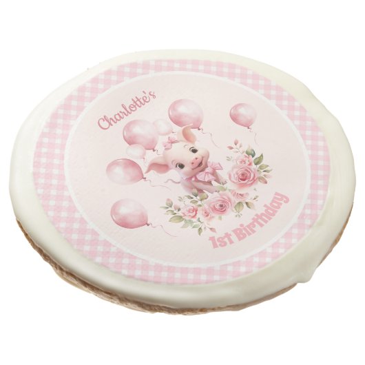 Cute Pig All Pink Farm Girl 1st Birthday Favors Sugar Cookie (Angled)