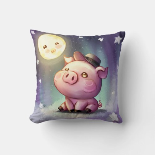 Cute Pig Amazed by Full Moon Light Throw Pillow