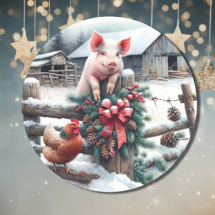 Cute Pig and Chicken Christmas Farm Classic Round Sticker