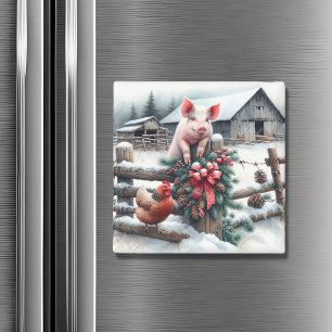 Cute Pig and Chicken Christmas Farm Magnet
