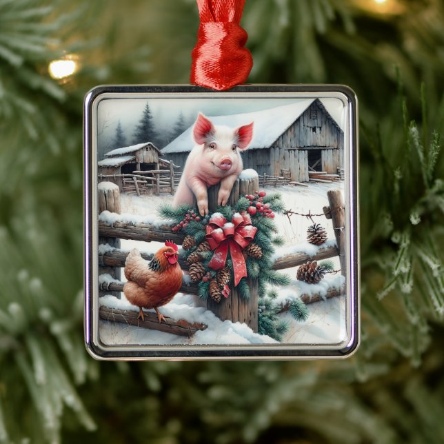 Cute Pig and Chicken Christmas Farm   Metal Ornament (Tree)