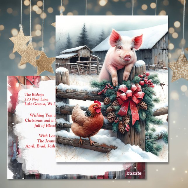 Cute Pig and Chicken Christmas Farm Personalized Postcard (Creator Uploaded)
