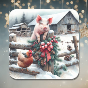 Cute Pig and Chicken Christmas Farm Square Sticker
