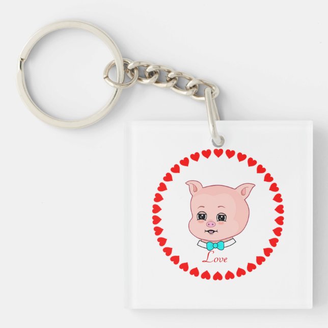Cute Pig and Hearts Keychain (Front)
