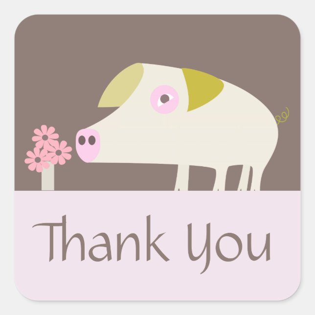 Cute Pig and Pink Flowers brown Square Sticker (Front)