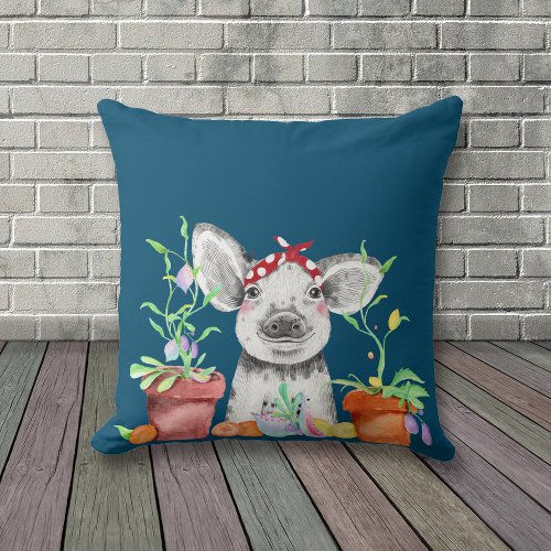 Cute Pig and Potted Plants Throw Pillow