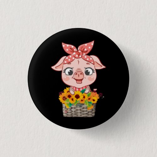 Cute Pig Bandana Sunflower Funny Farm Animal Lover Button