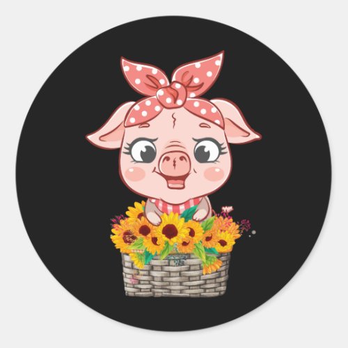 Cute Pig Bandana Sunflower Funny Farm Animal Lover Classic Round Sticker