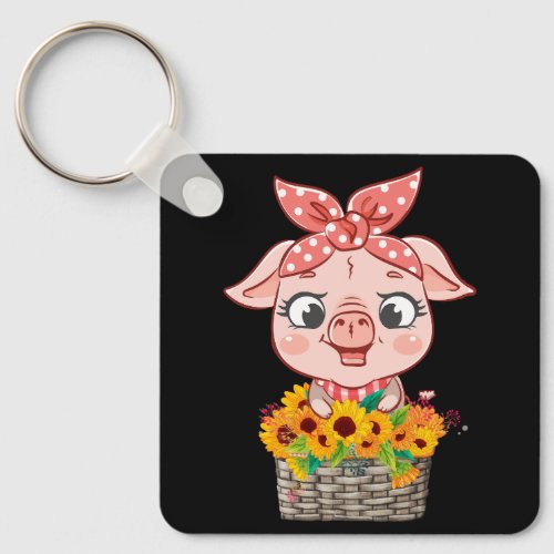 Cute Pig Bandana Sunflower Funny Farm Animal Lover Keychain