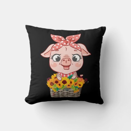 Cute Pig Bandana Sunflower Funny Farm Animal Lover Throw Pillow