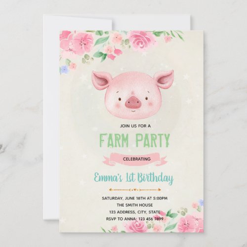 Cute pig birthday invitation