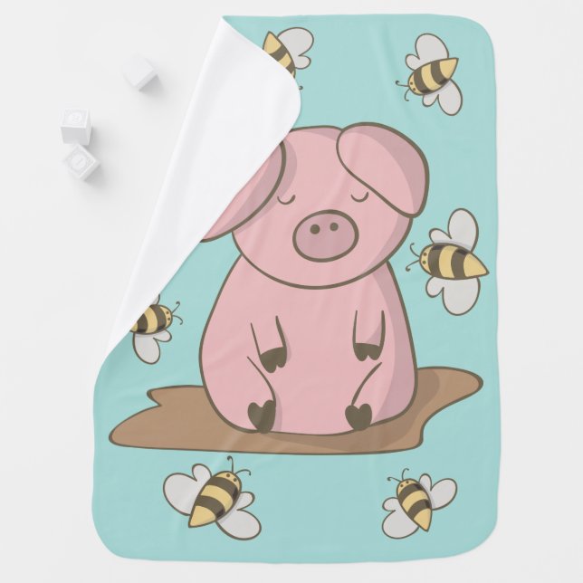 Cute Pig Blanket Honey Bee Design pink blue yellow (In Situ)