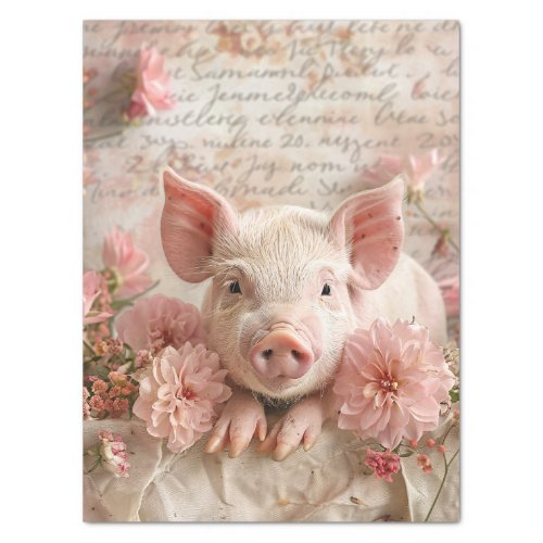 Cute Pig Blush Pink Flowers Shabby Decoupage Tissue Paper