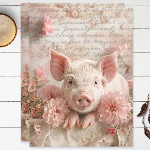 Cute Pig Blush Pink Flowers Shabby Decoupage Tissue Paper