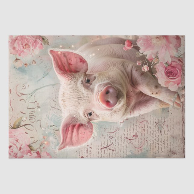 Cute Pig Blush Roses Floral Shabby Decoupage Tissue Paper (Front)
