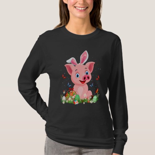 Cute Pig Bunny Egg Hunting Colorful Egg Happy East T_Shirt