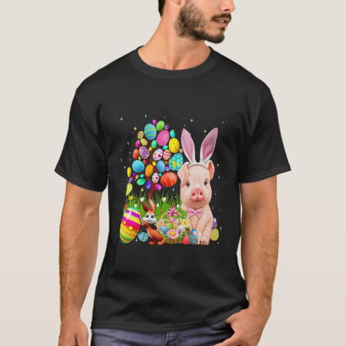 Cute Pig Bunny Egg Hunting Colorful Egg Happy T_Shirt