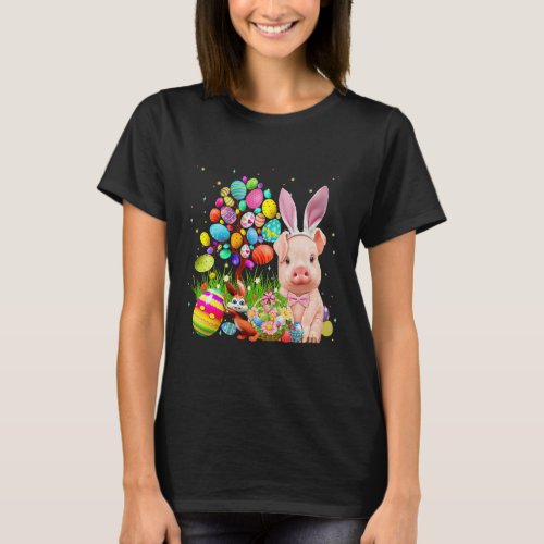 Cute Pig Bunny Egg Hunting Colorful T_Shirt
