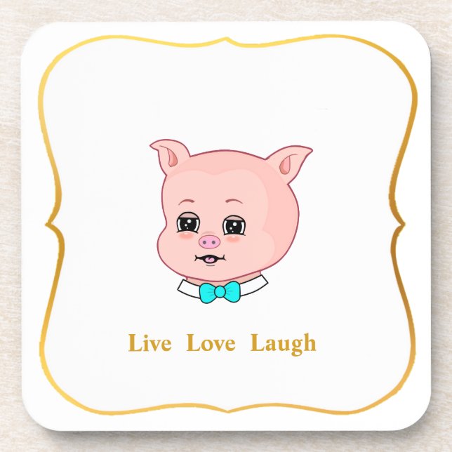 Cute Pig Cartoon & Calligraphy on White Beverage Coaster (Front)