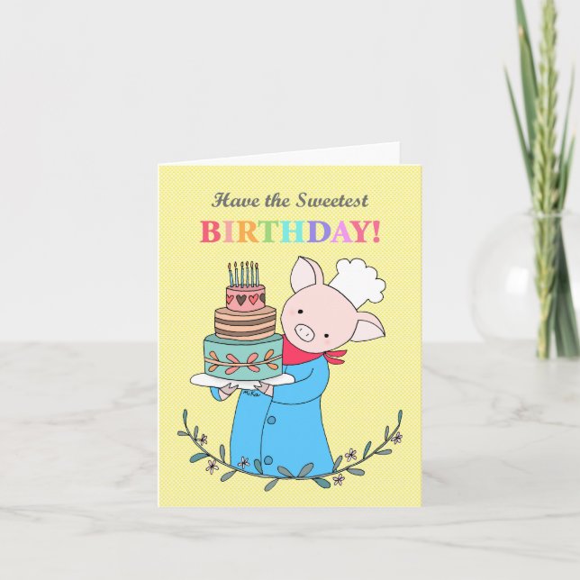 Cute Pig Chef holding a Big Birthday Cake Sweet Card (Front)