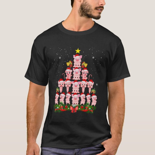 Cute Pig Christmas Tree With Ornament Xmas T-Shirt (Front)