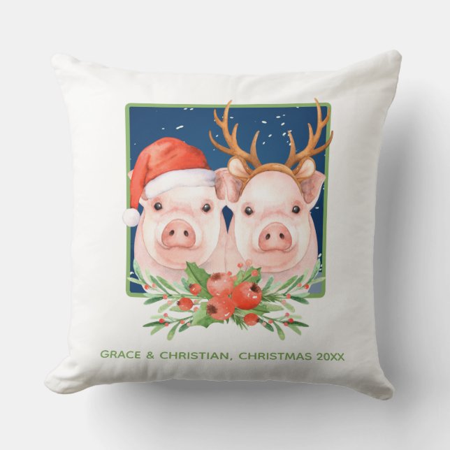Cute Pig Couple Christmas Throw Pillow (Front)