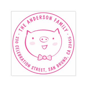 Cute Pig Custom Family Name Round Return Address Self-inking Stamp