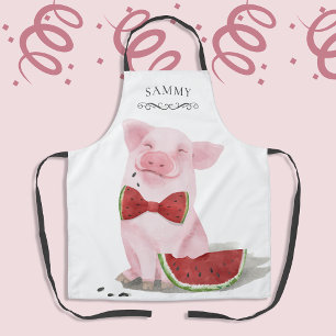 Cute Pig Eating Watermelon Monogrammed Apron