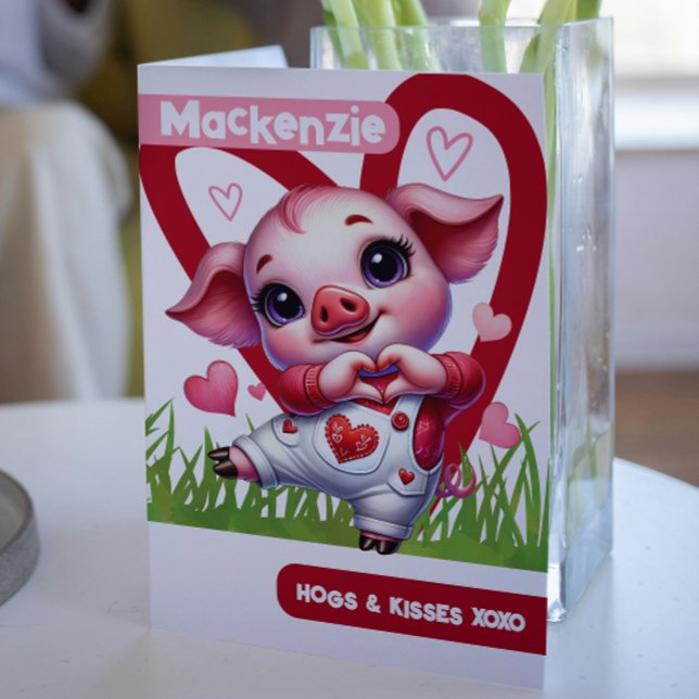 Cute Pig Hogs and Kisses personalized Valentines Holiday Card (Cute Pig Hogs and Kisses personalized Valentines Holiday Card from Ricaso. Cute pink pig love heart)