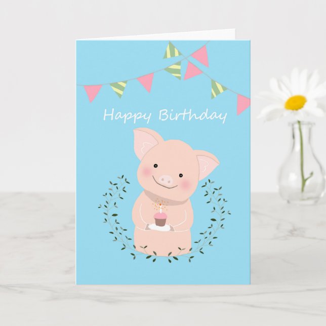 Cute Pig holding a Cupcake Happy Birthday  Card (Small Plant)