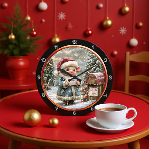 Cute Pig Holds Christmas Wishlist Large Clock
