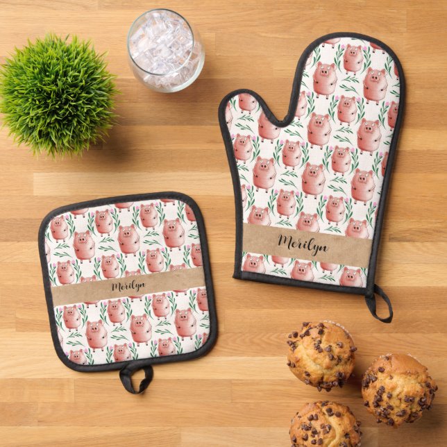 Cute Pig Illustration Oven Gloves – Farm Animal  Oven Mitt & Pot Holder Set (Top Down)