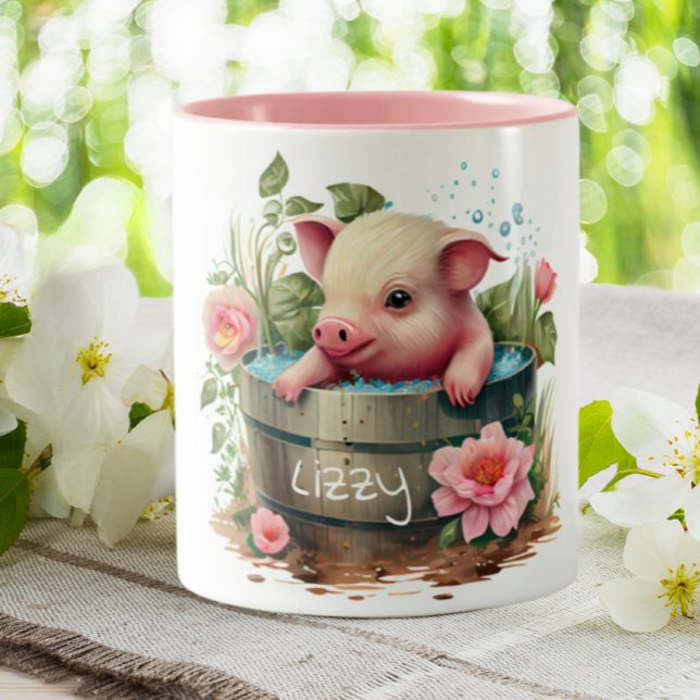 Cute Pig in a Bucket Pink Flowers Personalized Two-Tone Coffee Mug (Creator Uploaded)