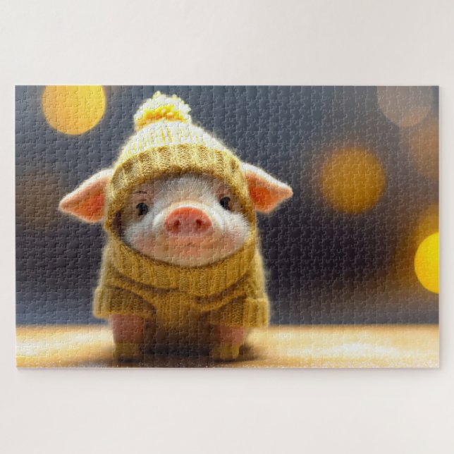 cute pig in a knitted suit in winter  jigsaw puzzle (Horizontal)