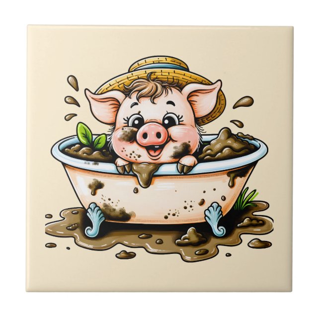 Cute pig in a mud bath bathroom  ceramic tile (Front)