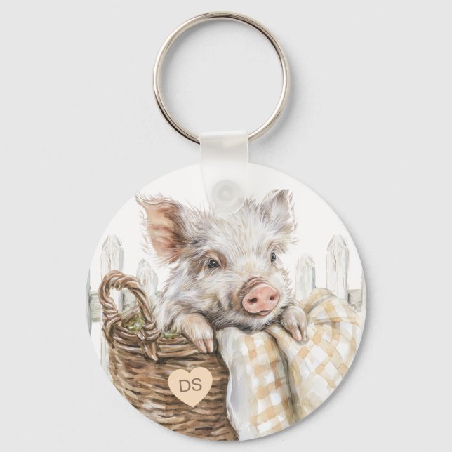 Cute Pig In Basket Monogram Personalized Keychain (Front)