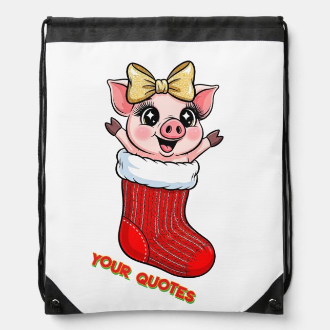 Cute Pig in Christmas Stocking Drawstring Bag (Front)