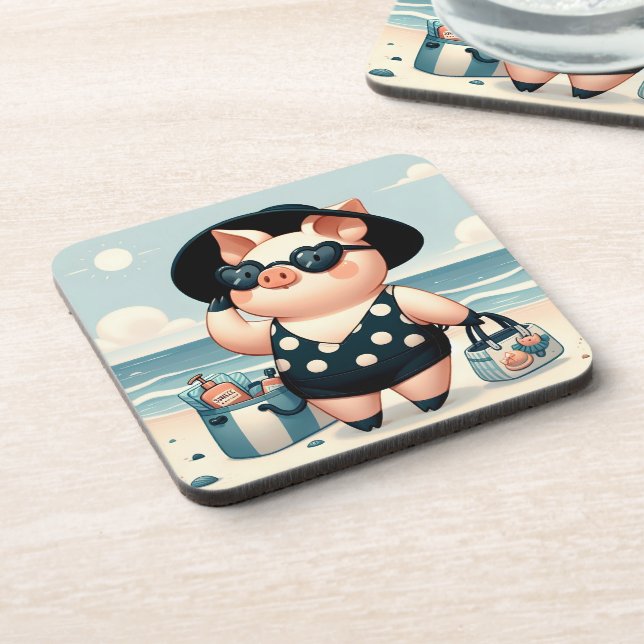 Cute Pig in Polka Dot Swimsuit at the Beach Beverage Coaster (Left Side)