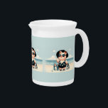Cute Pig in Polka Dot Swimsuit at the Beach Beverage Pitcher<br><div class="desc">This whimsical design features a stylish pig enjoying a sunny day at the beach, dressed in a retro black polka dot swimsuit and oversized heart-shaped sunglasses. The character strikes a confident pose under a wide-brimmed hat, flanked by chic beach bags filled with essentials like sunscreen and drinks, adding charm and...</div>
