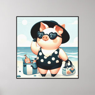 Cute Pig in Polka Dot Swimsuit at the Beach Canvas Print