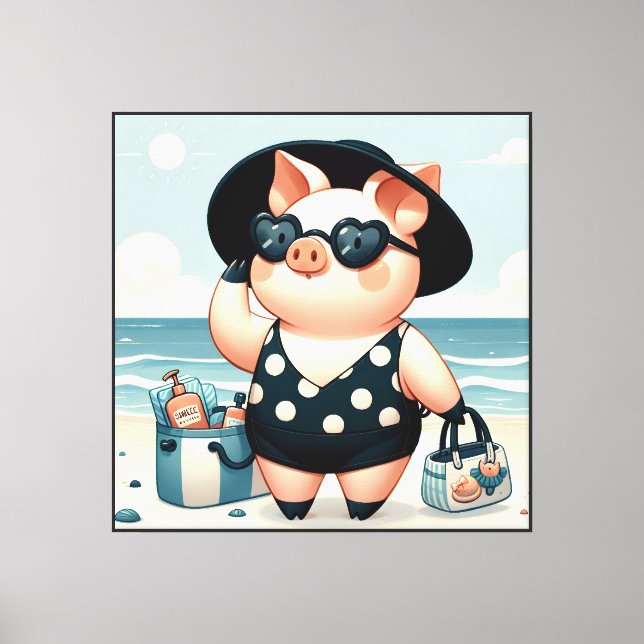 Cute Pig in Polka Dot Swimsuit at the Beach Canvas Print (Front)